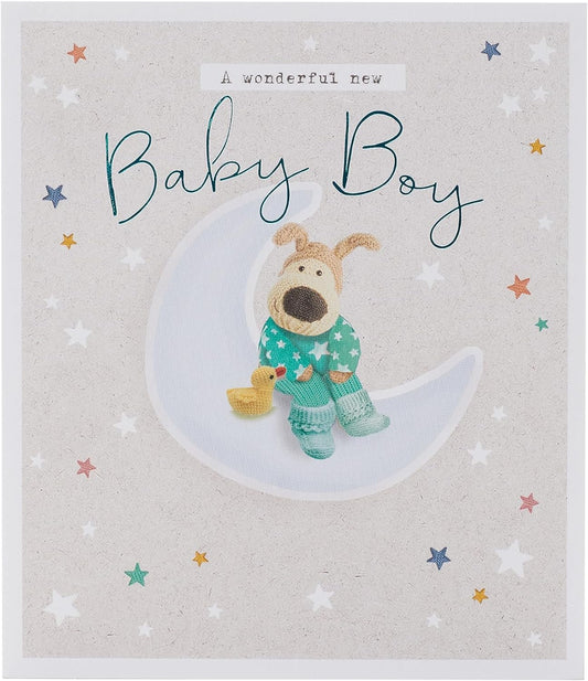 Cute Boofle New Baby Boy greeting card with adorable design from UK Greetings, featuring a charming illustration for celebrating a new arrival.