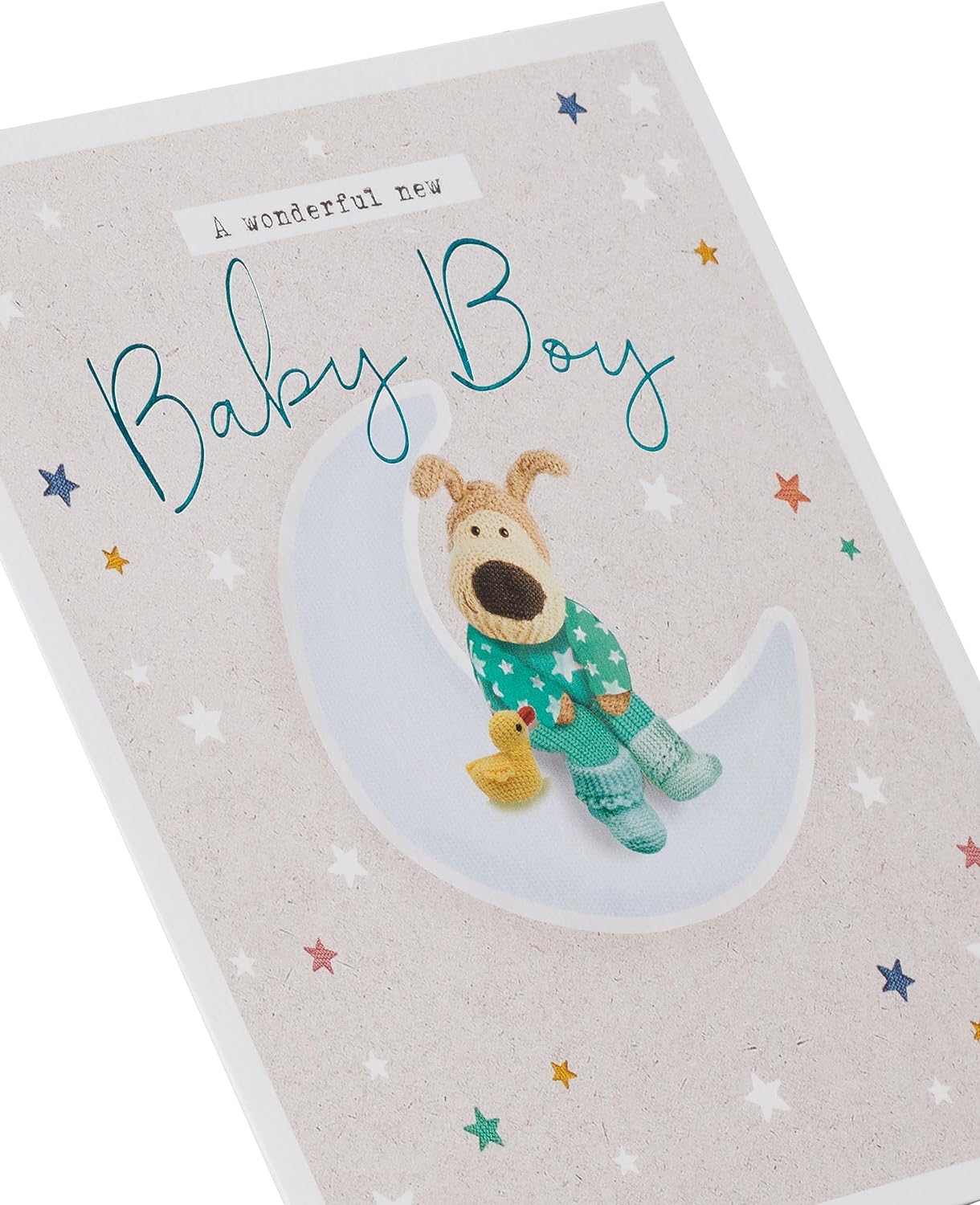 Cute Boofle New Baby Boy greeting card with adorable design from UK Greetings, featuring colorful illustrations and cheerful message.