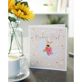 Cute Boofle new baby girl greeting card with adorable design, perfect for celebrating a special arrival.