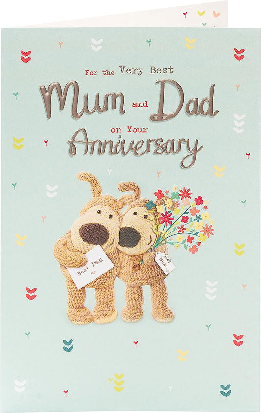 UK Greetings Boofle Parents Anniversary Love Card featuring colorful floral design and heartfelt message for special occasion.