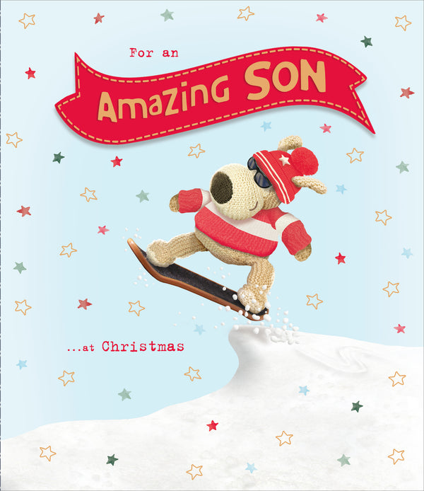 Christmas greeting card featuring Boofle snowboarding, designed for an amazing son, by UK Greetings, with festive winter imagery.