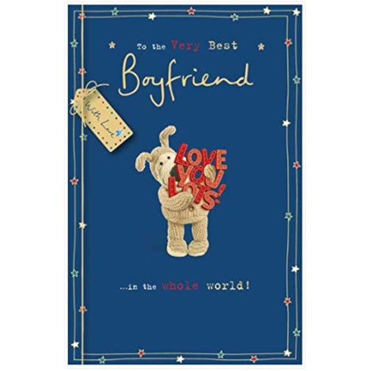 UK Greetings Boofle birthday greeting card for The Very Best Boyfriend, featuring colorful cartoon design and cheerful message.
