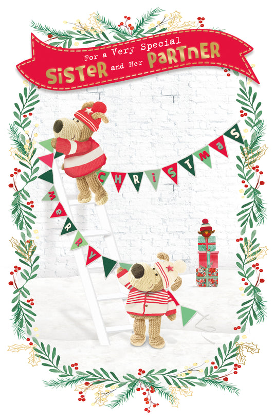 Boofles Ladder Christmas greeting card for sister and partner by UK Greetings, featuring festive holiday design and cheerful illustrations.