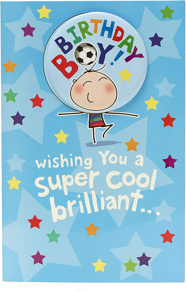 Boy's football badge birthday greeting card with vibrant football-themed design, perfect for celebrating young football fans.