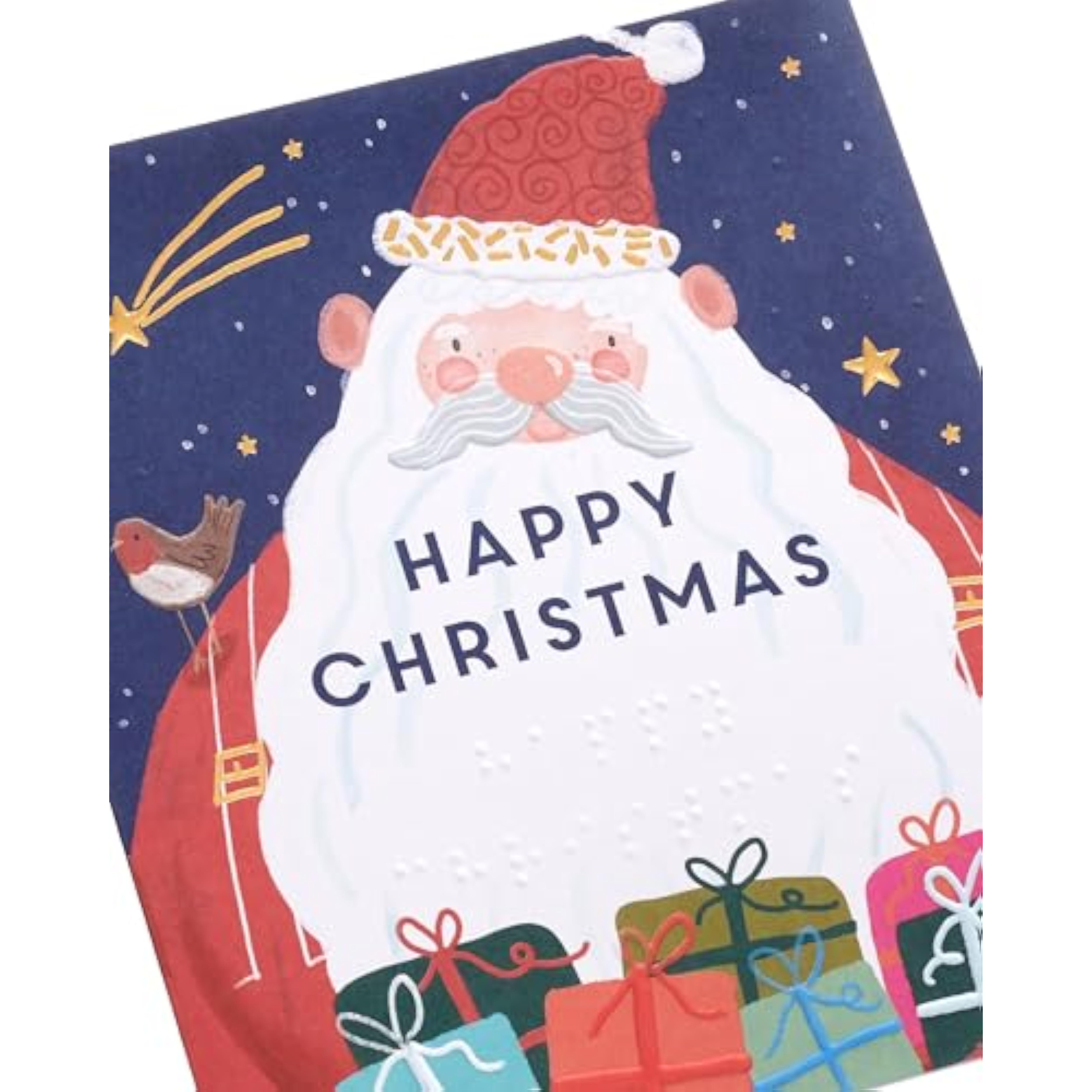 Braille Christmas greeting card with festive Santa foil design, featuring tactile braille elements for holiday cheer.