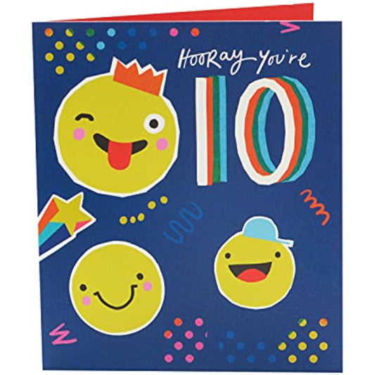 Bright fun smiley face 10th birthday greeting card by UK Greetings with colorful cheerful design.