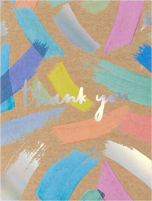 Bright holographic thank you greeting card from UK Greetings, featuring a colorful thank you message on a shiny, reflective surface.