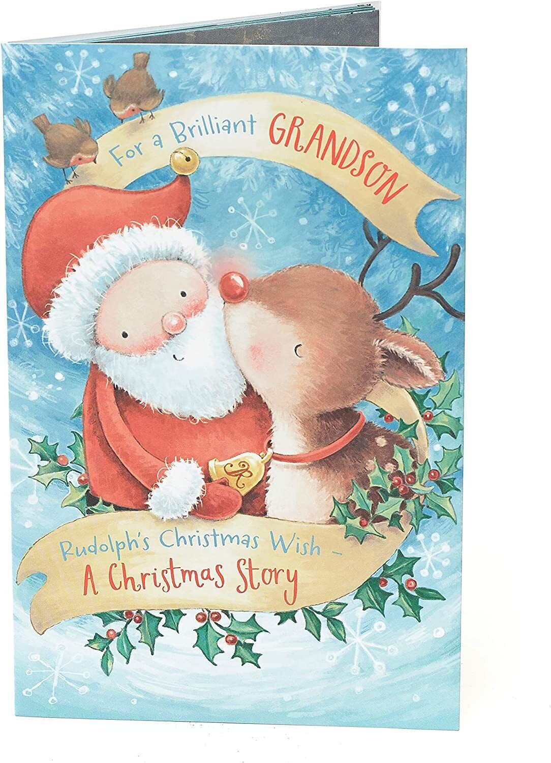 Brilliant Rudolph and Santa storybook Christmas card for grandson, featuring festive holiday illustrations and cheerful holiday message.