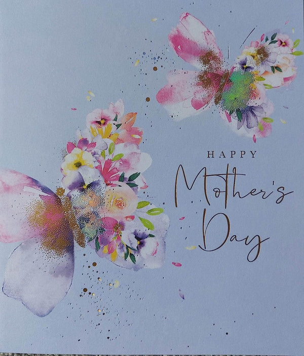 Colorful butterflies and floral design on UK Greetings Mother's Day card, featuring a heartfelt message inside.