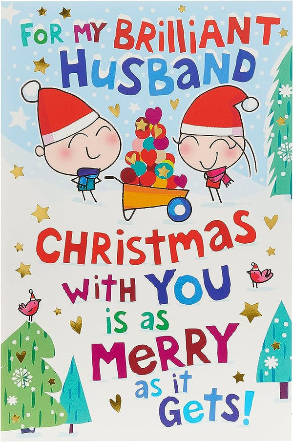 Cartoon couple Christmas greeting card with festive holiday design by UK Greetings, featuring fun and loving holiday imagery.