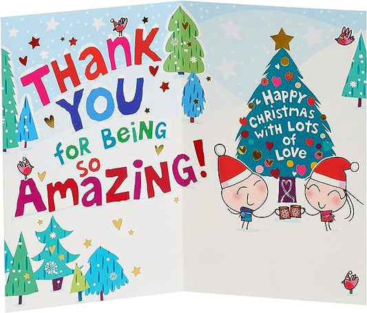 Cartoon couple Christmas greeting card with festive holiday design, featuring cheerful characters and holiday-themed artwork.