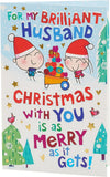 Cartoon couple Christmas greeting card with fun, loving holiday design from UK Greetings featuring festive characters and cheerful artwork.