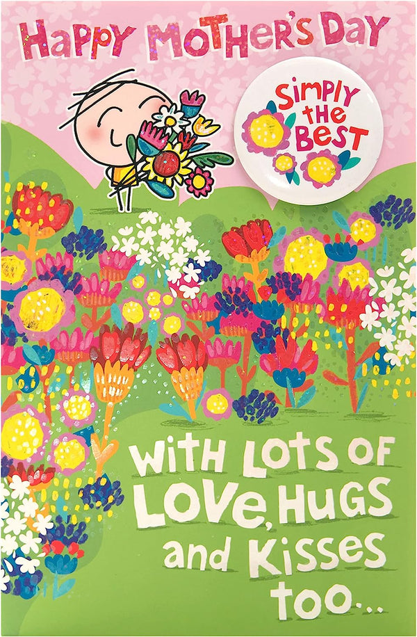 Colorful Cartoon Mother's Day greeting card from UK Greetings with a badge, featuring cheerful illustrations and heartfelt message.