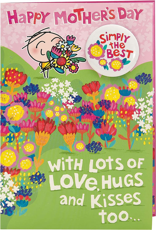 Colorful Cartoon Mother’s Day greeting card with a badge from UK Greetings, featuring cheerful illustrations and heartfelt message.