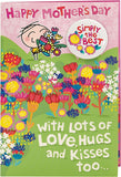 Colorful Cartoon Mother’s Day greeting card with a badge from UK Greetings, featuring cheerful illustrations and heartfelt message.