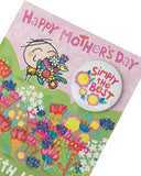 Colorful cartoon Mother's Day greeting card from UK Greetings with a badge, featuring cheerful illustrations and heartfelt message.