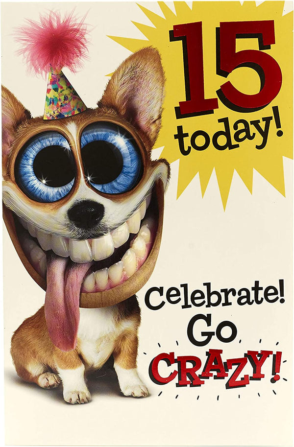 Celebrate Go Crazy 15th Birthday Card featuring a grinning dog by UK Greetings, with colorful birthday design and playful message.