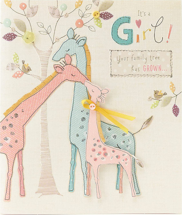 Charming baby girl greeting card from UK Greetings with colorful button design and heartfelt message for new baby celebration.
