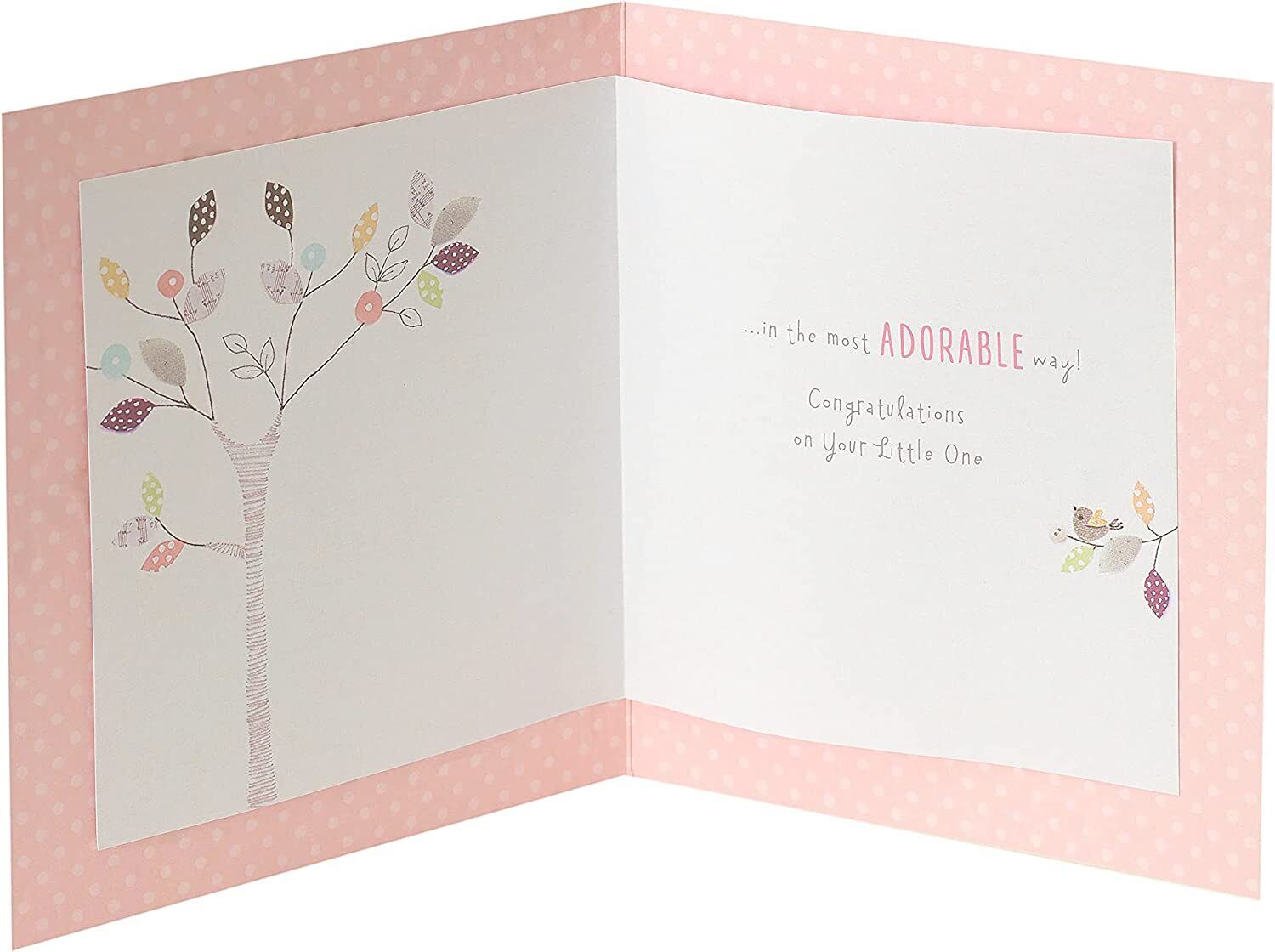Cute baby girl greeting card with charming button design from UK Greetings, perfect for new baby celebrations.