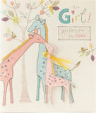 Charming Baby Girl Greeting Card from UK Greetings featuring a cute button design and cheerful message for new baby celebrations.