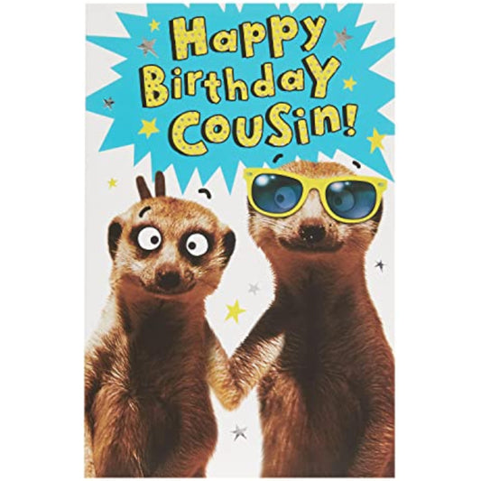 Cheeky Meerkat Cousin birthday greeting card from UK Greetings featuring a playful meerkat illustration.