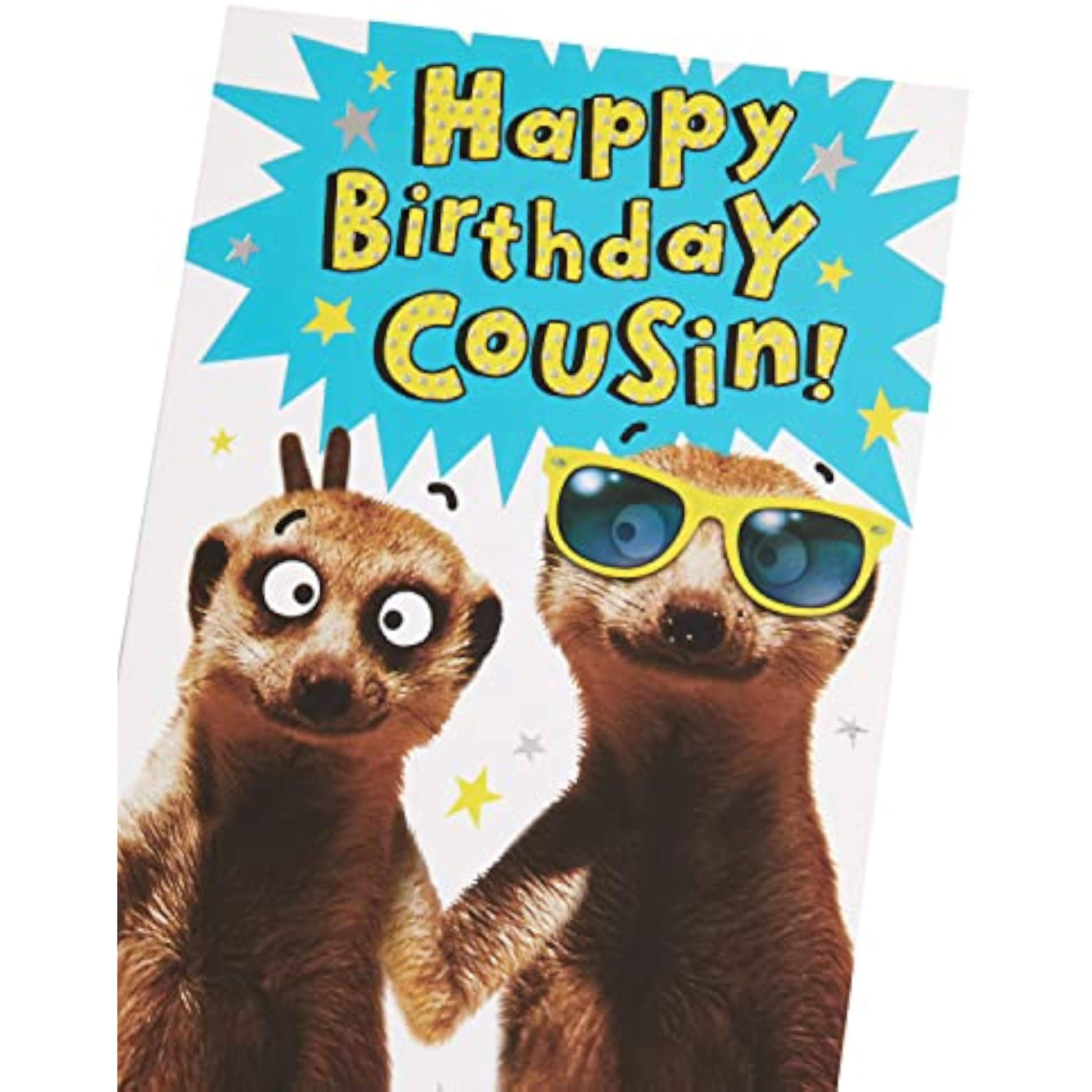 Cheeky Meerkat Cousin birthday greeting card from UK Greetings with colorful, playful design featuring a cheerful meerkat illustration
