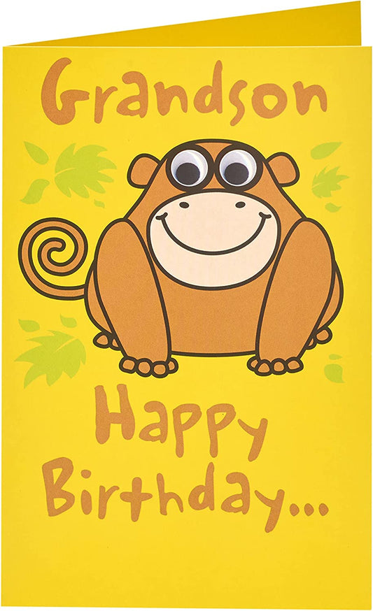 Cheeky Monkey Grandson Birthday Card from UK Greetings featuring a playful monkey design and colorful birthday message.