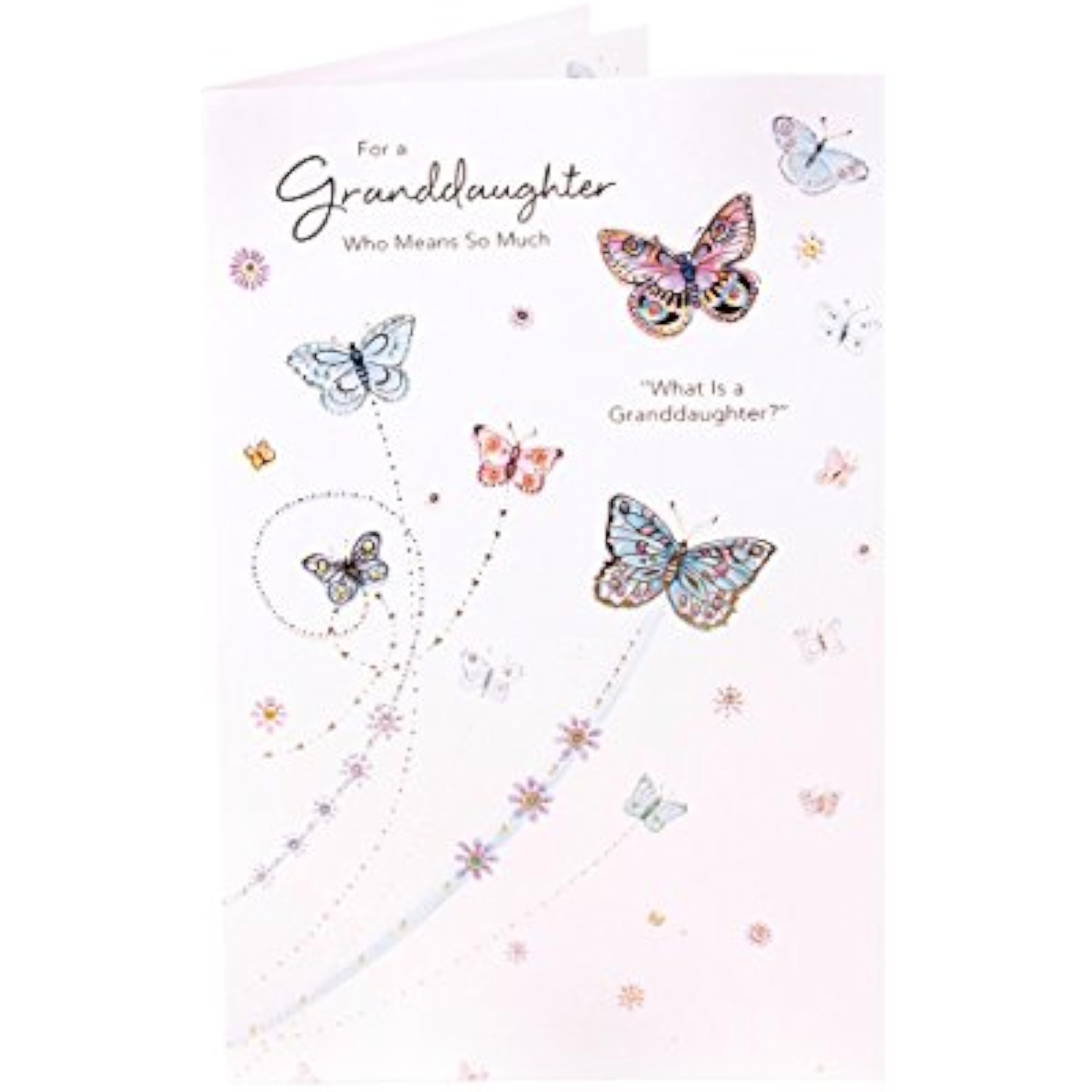 Cherished Granddaughter birthday greeting card by UK Greetings with colorful floral design and heartfelt message inside.