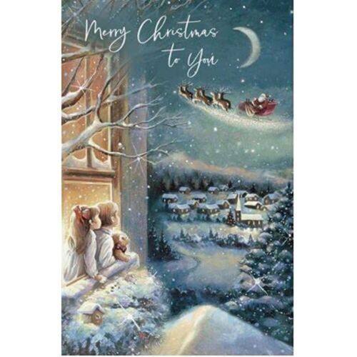 Christmas greeting card featuring children watching Santa from a window, by UK Greetings, with festive holiday imagery.