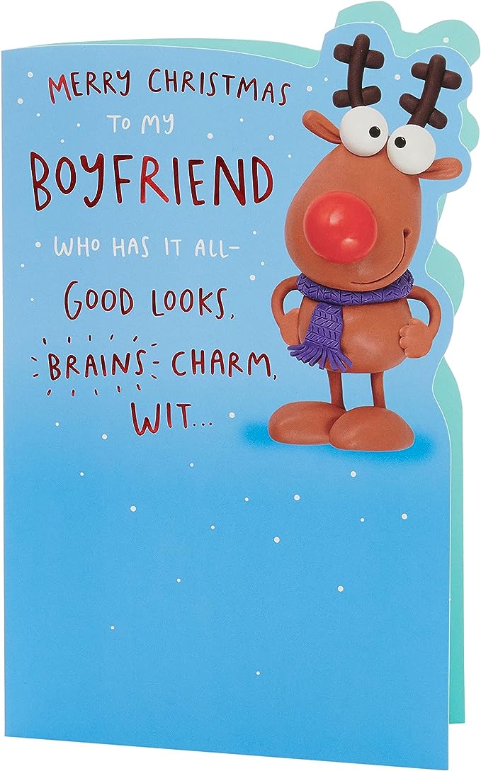 Funny reindeer Christmas greeting card for boyfriend from UK Greetings, featuring holiday cheer and festive holiday design.