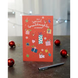Christmas greeting card for granddaughter with foil design featuring sweet presents, from UK Greetings.