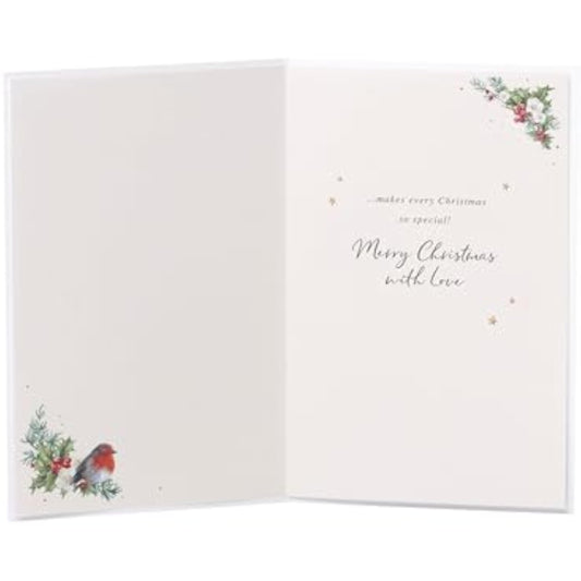 Festive Christmas greeting card for Mum and Dad with a foil wreath design, featuring bright holiday colors and seasonal details.