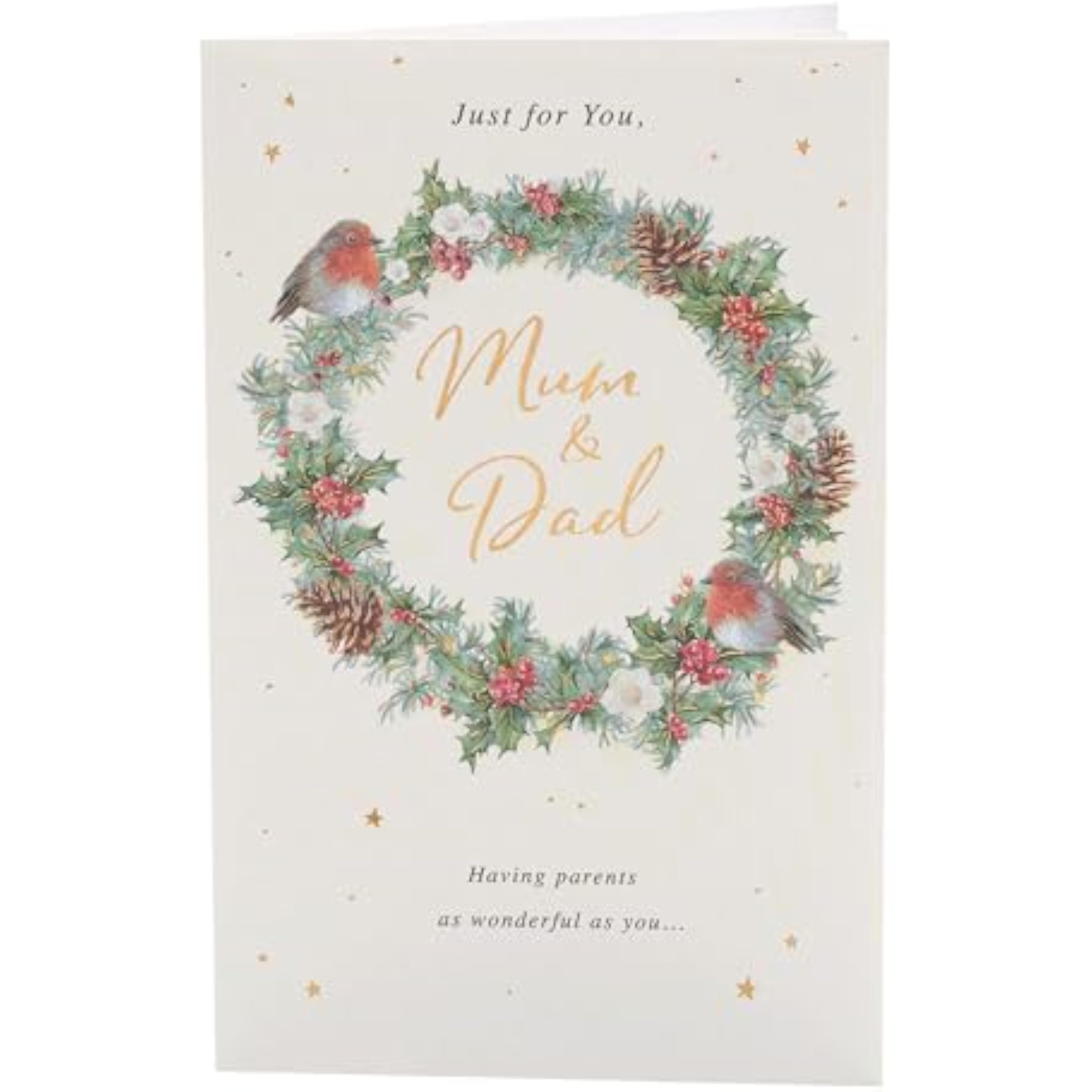 Festive Christmas greeting card from UK Greetings featuring a wreath foil design for Mum and Dad.