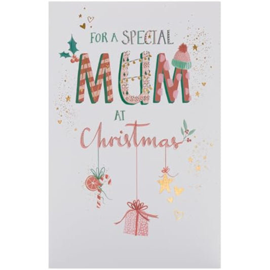 Christmas greeting card for mum featuring hanging ornaments with foil design, from UK Greetings, showcasing festive holiday decoration.