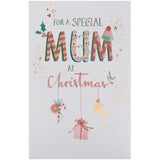 Christmas greeting card for mum featuring hanging ornaments with foil design, from UK Greetings, showcasing festive holiday decoration.