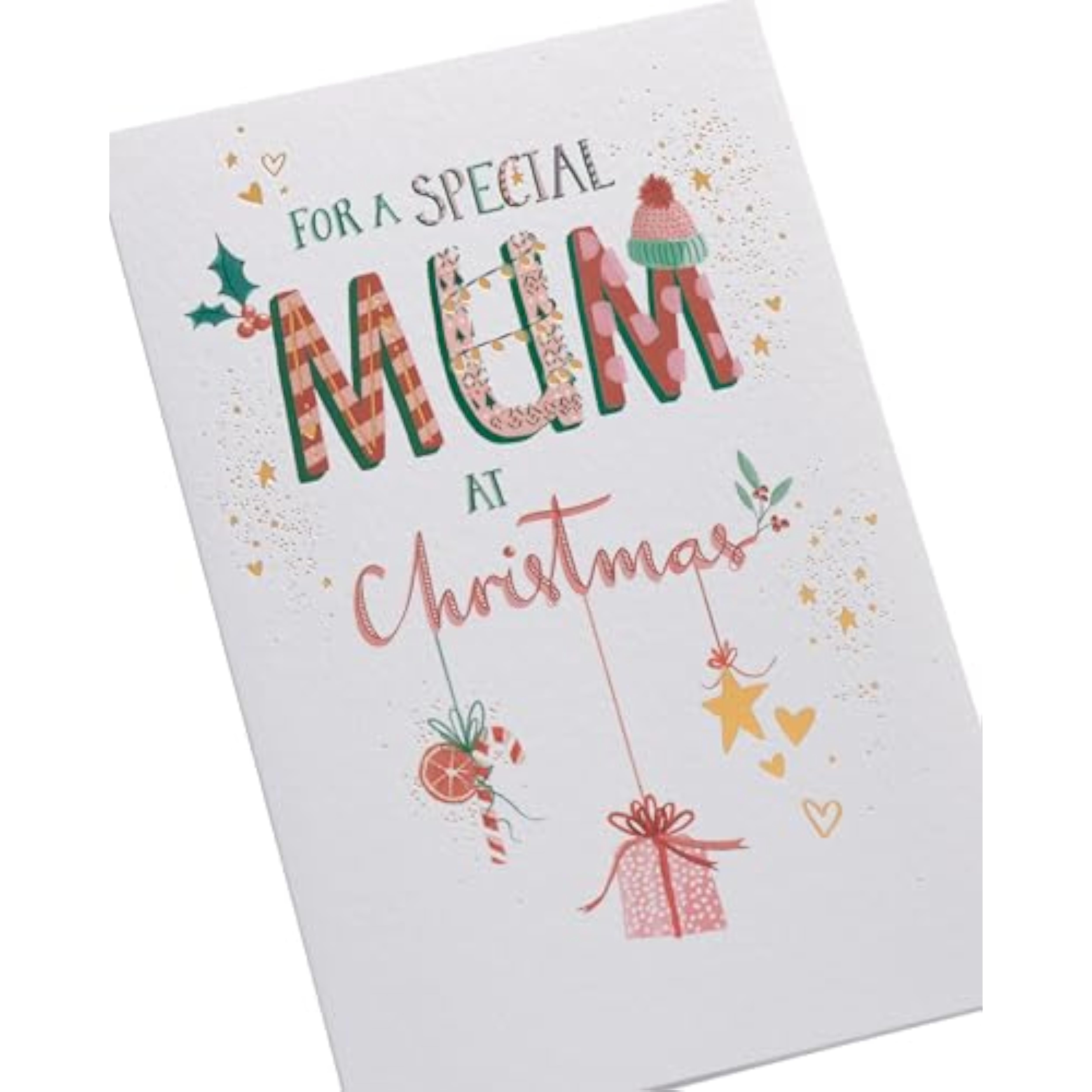 Christmas greeting card for mum featuring hanging ornament foil design, with festive holiday motifs and elegant details.