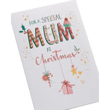 Christmas greeting card for mum featuring hanging ornament foil design, with festive holiday motifs and elegant details.