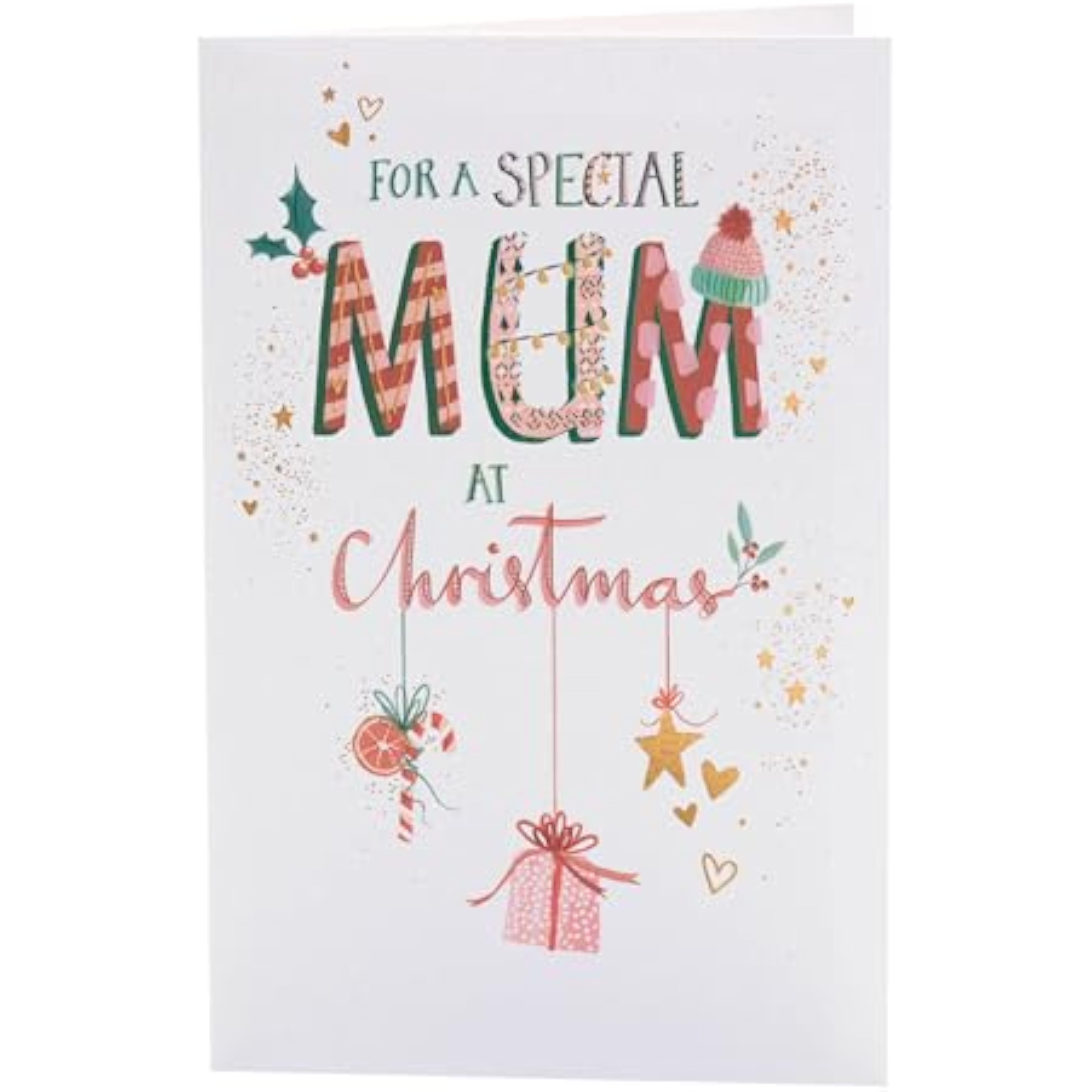 Christmas greeting card for mum featuring hanging ornaments with foil design, from UK Greetings.