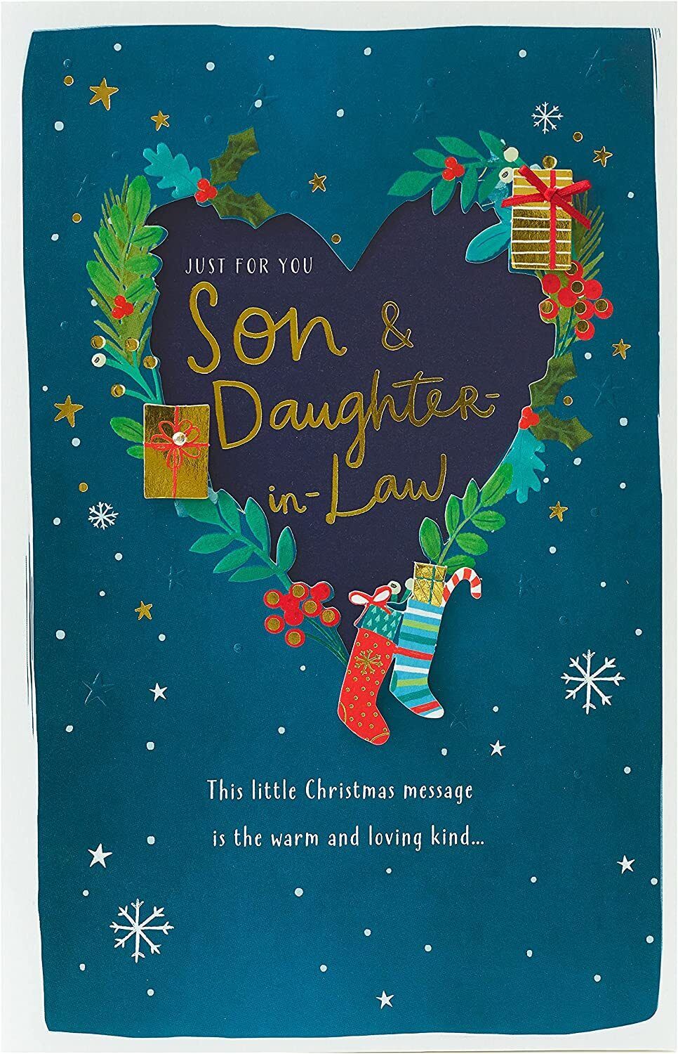 Christmas greeting card for son and daughter-in-law from UK Greetings, featuring festive holiday design and heartfelt message.