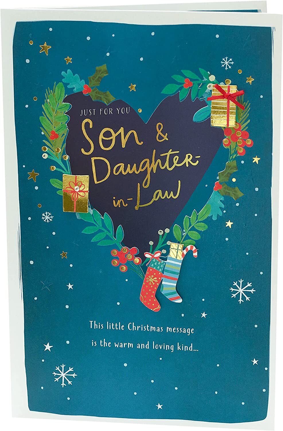 UK Greetings Christmas greeting card for son and daughter-in-law with festive design and heartfelt message inside.