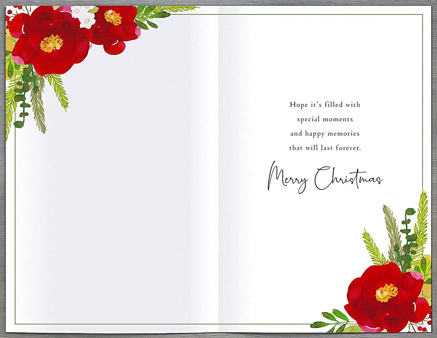 Elegant Christmas Wishes watercolor wreath greeting card with seasonal greetings, featuring festive red and green accents.