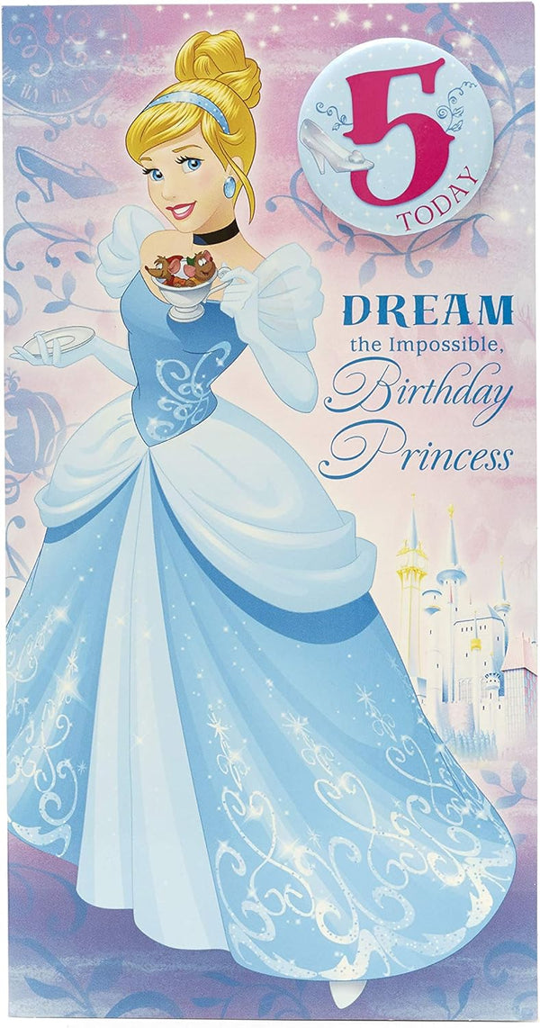 Cinderella 5th birthday greeting card with a badge design, featuring colorful fairy tale illustrations and festive lettering.