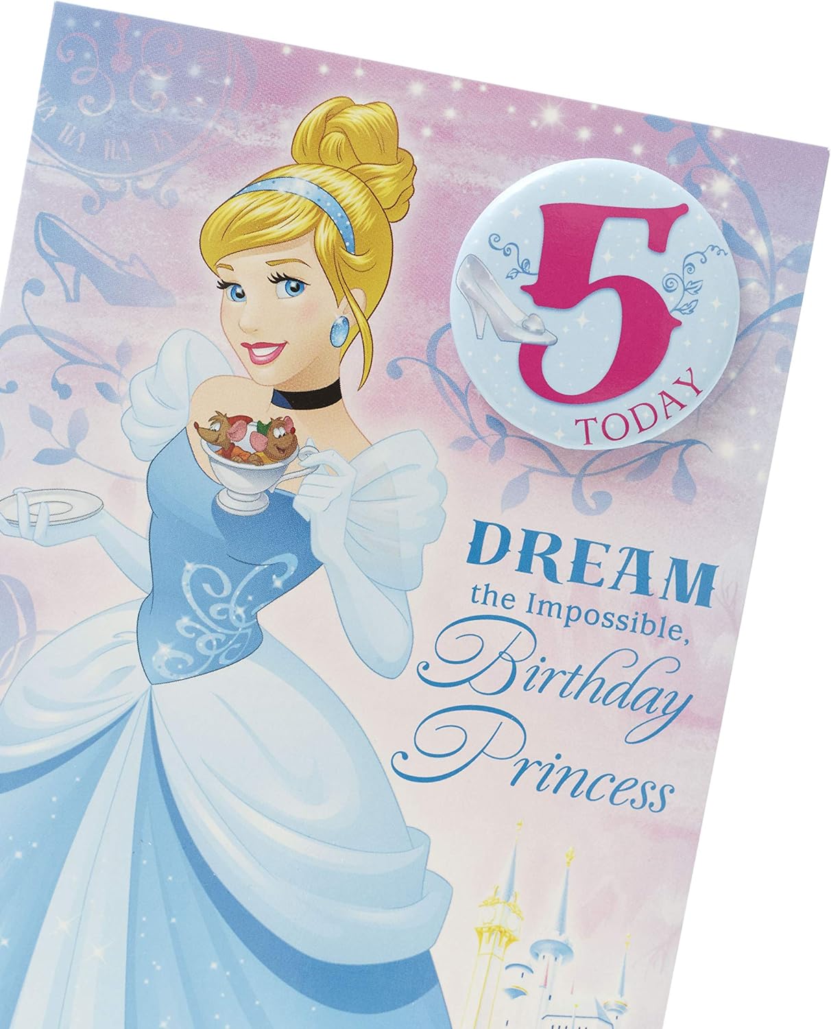 Cinderella 5th birthday greeting card from UK Greetings featuring a colorful badge design and Disney's Cinderella character.