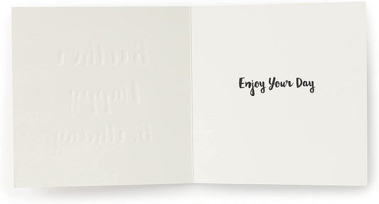 Front of a classic greeting card for brother by UK Greetings, featuring colorful birthday-themed illustrations and heartfelt message.