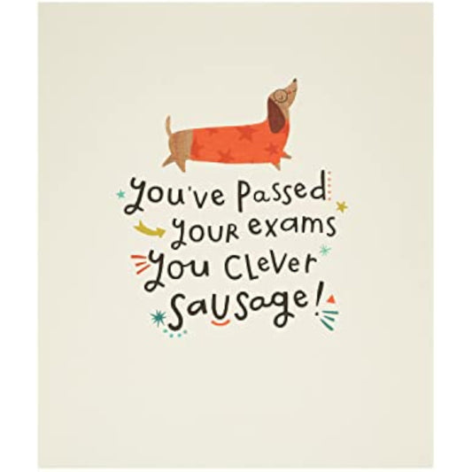 UK Greetings Clever Sausage Exams Passed greeting card featuring a humorous design and congratulatory message for students.