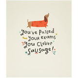 UK Greetings Clever Sausage Exams Passed greeting card featuring a humorous design and congratulatory message for students.