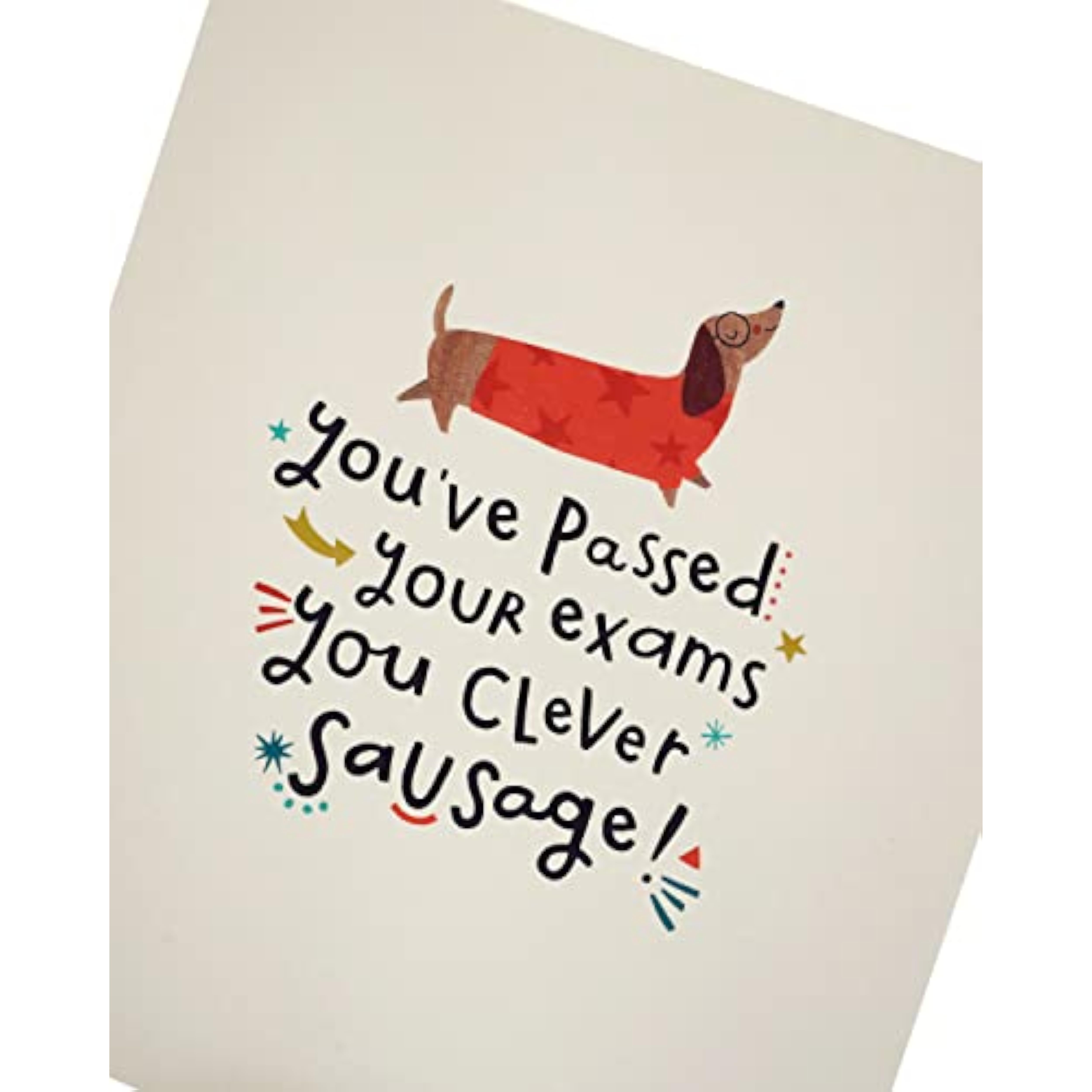 UK Greetings Clever Sausage Exams Passed greeting card featuring a humorous design with a sausage illustration and congratulatory message.