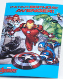 Colorful Avengers Boy birthday greeting card featuring Marvel superheroes, with vibrant design and comic-style artwork.