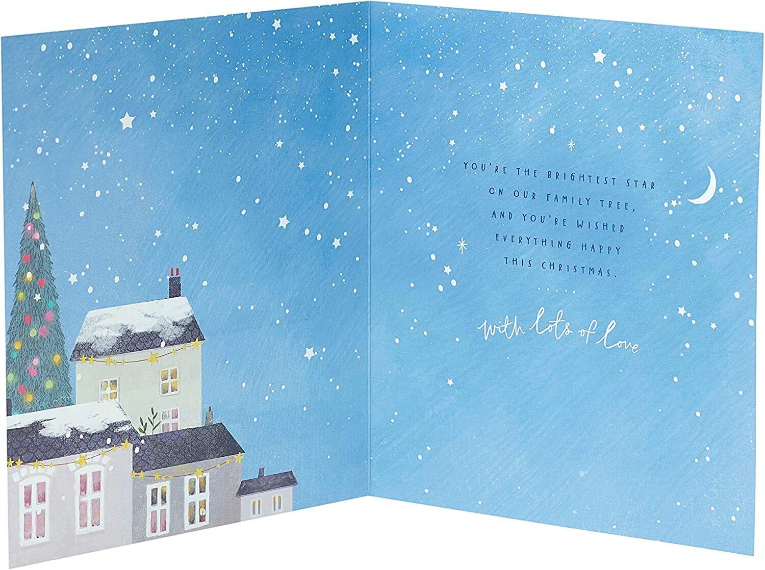 Contemporary Mum Christmas greeting card with festive scene and modern holiday design, UK Greetings branded holiday card.