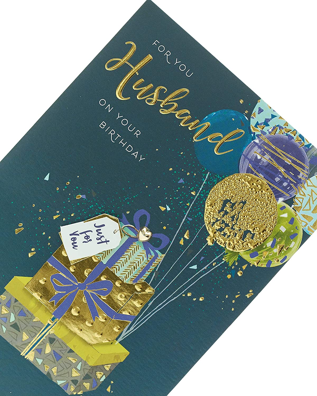Contemporary UK Greetings husband birthday greeting card with colorful balloons and modern design, suitable for celebrating his special day.